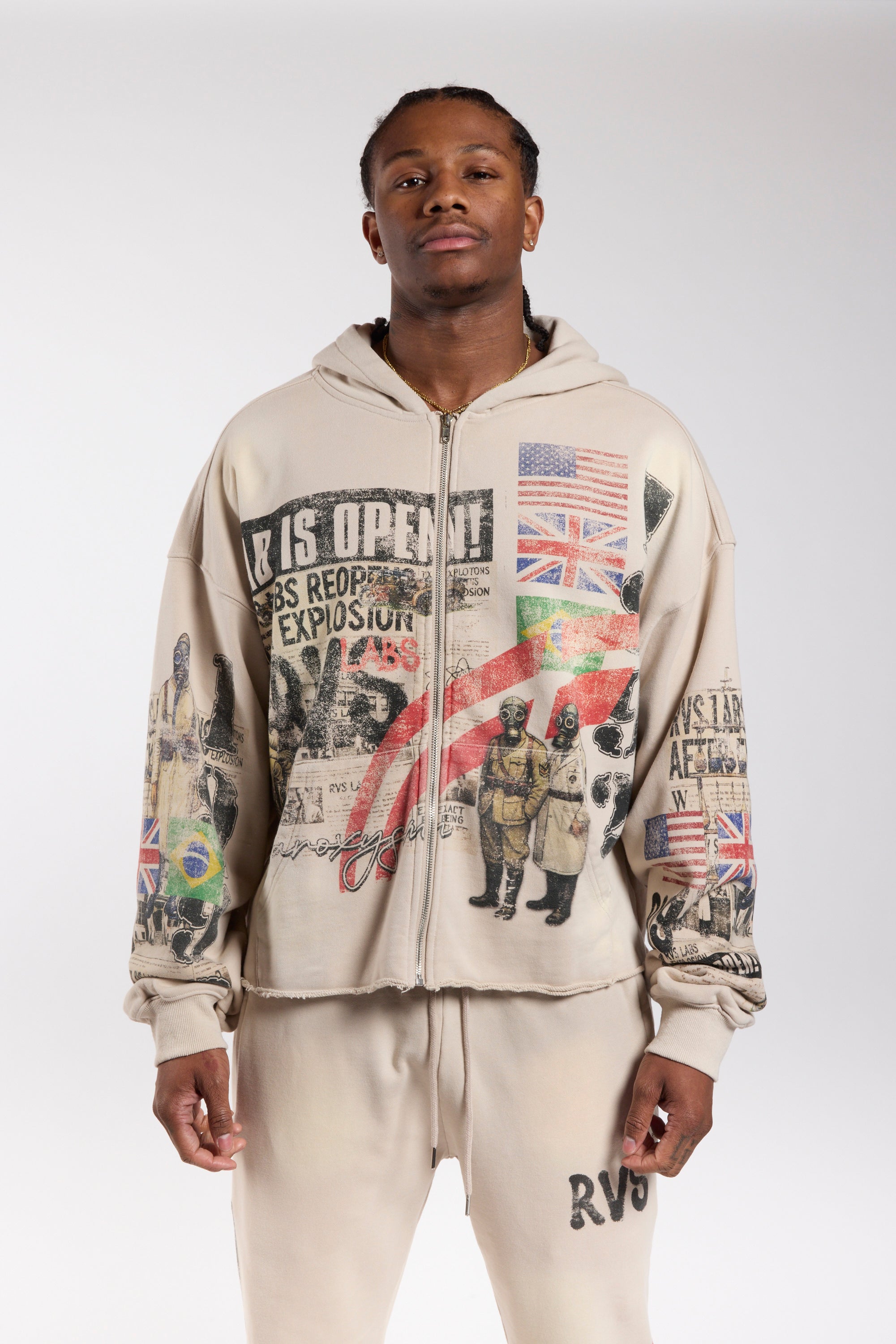 【LCDC™︎】SPRAY WASHED ZIP-UP Washed Applique Zip Through Hoodie - Acid Wash | Mens