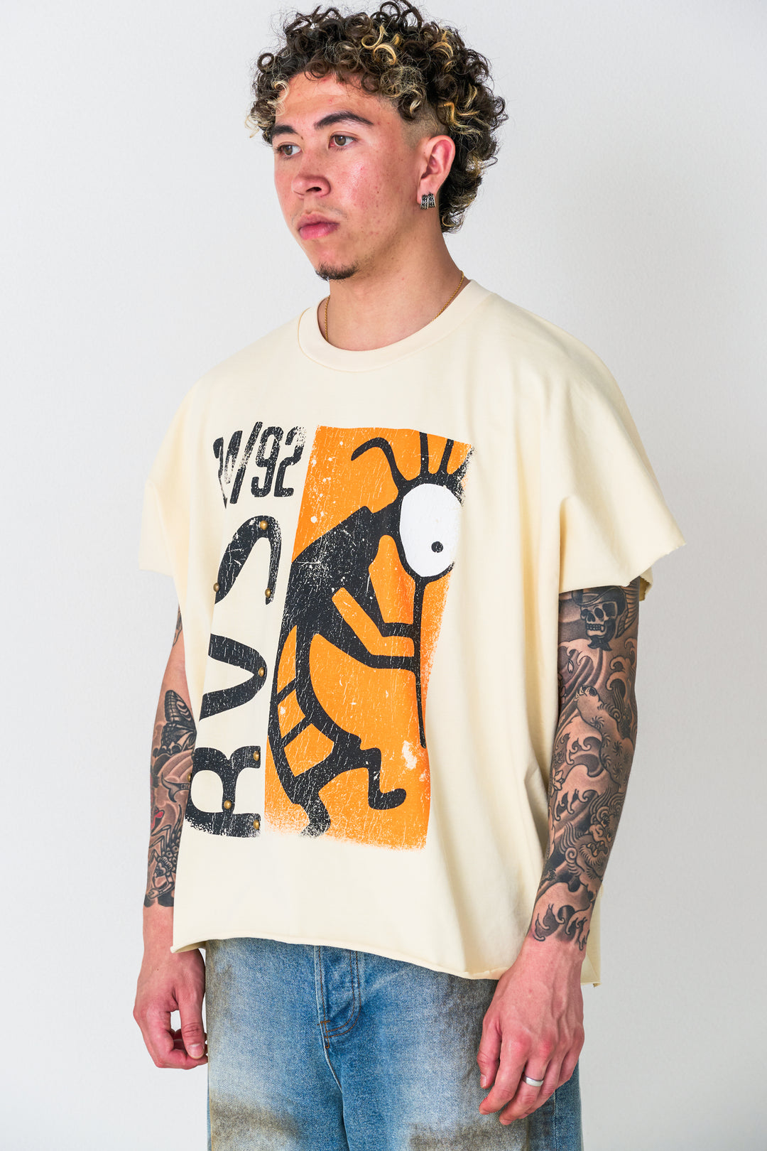 Cream "Artifact"  Cut Off Wing-Tee